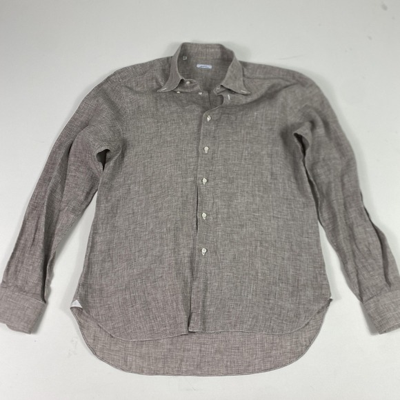 Mattabisch Napoli Shirt Mens 17 43 Brown Linen Made Italy Long Sleeve Check